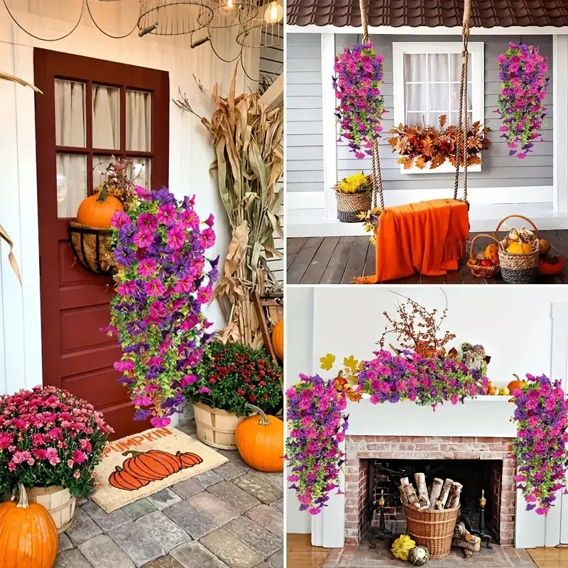 Artificial hanging silk morning glory flowers in vibrant pink and purple cascading over a white door and window.