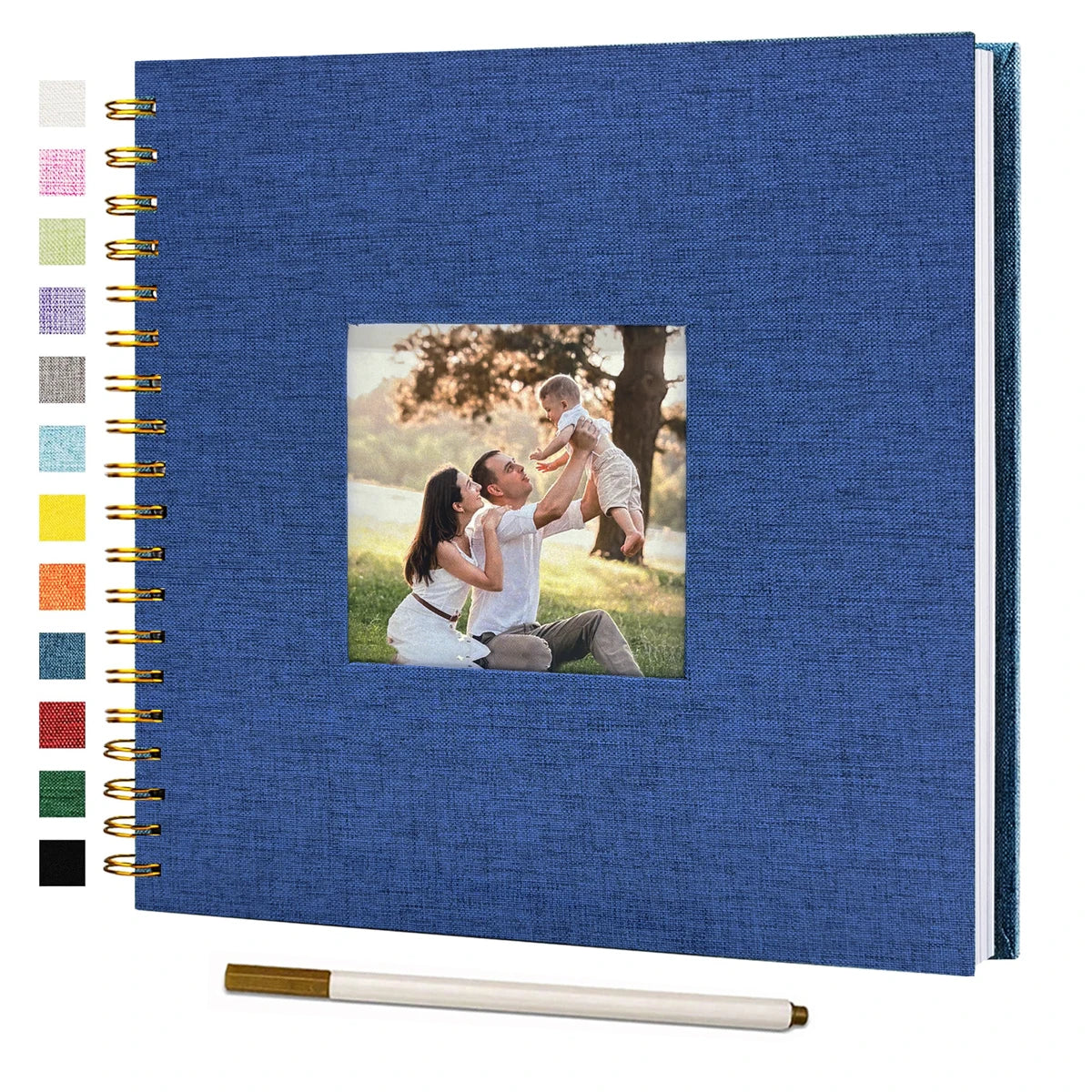 A blue linen cover scrapbook album with a gold-colored plastic sheet visible on the front.