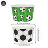 A set of ten black and white soccer ball balloons in a green striped background.