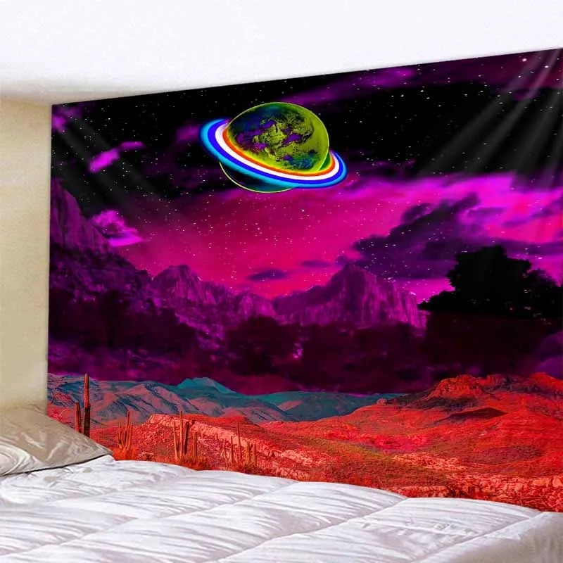 A tapestry depicting a vibrant purple and pink night sky with mountains and a glowing green planet.