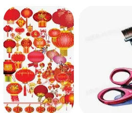 A collection of red and gold Chinese lanterns and decorative items for a graduation money box