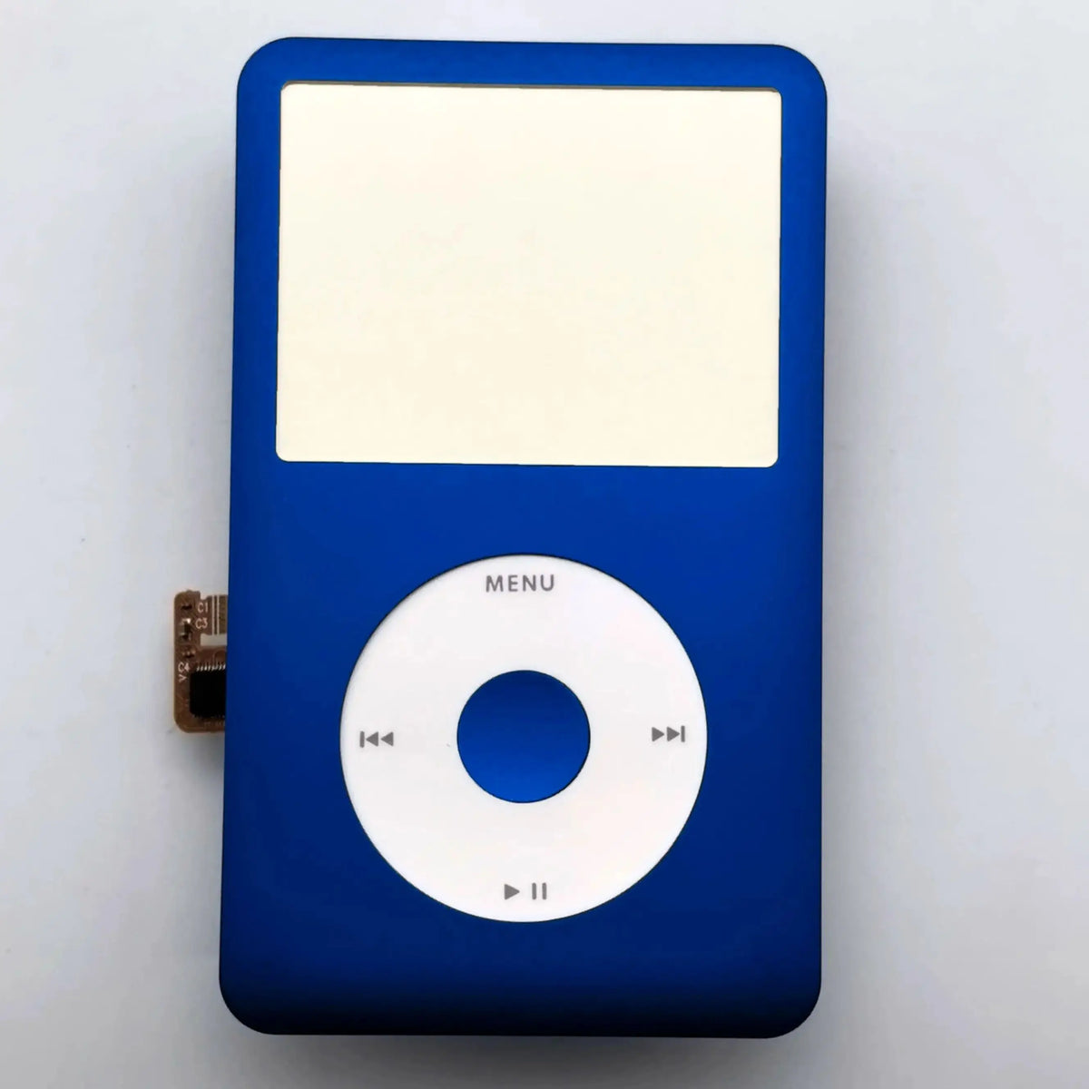 A blue iPod front faceplate with a white screen and a circular clickwheel replacement kit.