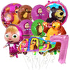 A set of inflatable party decorations featuring characters from Masha and Bear, including bears and girls.