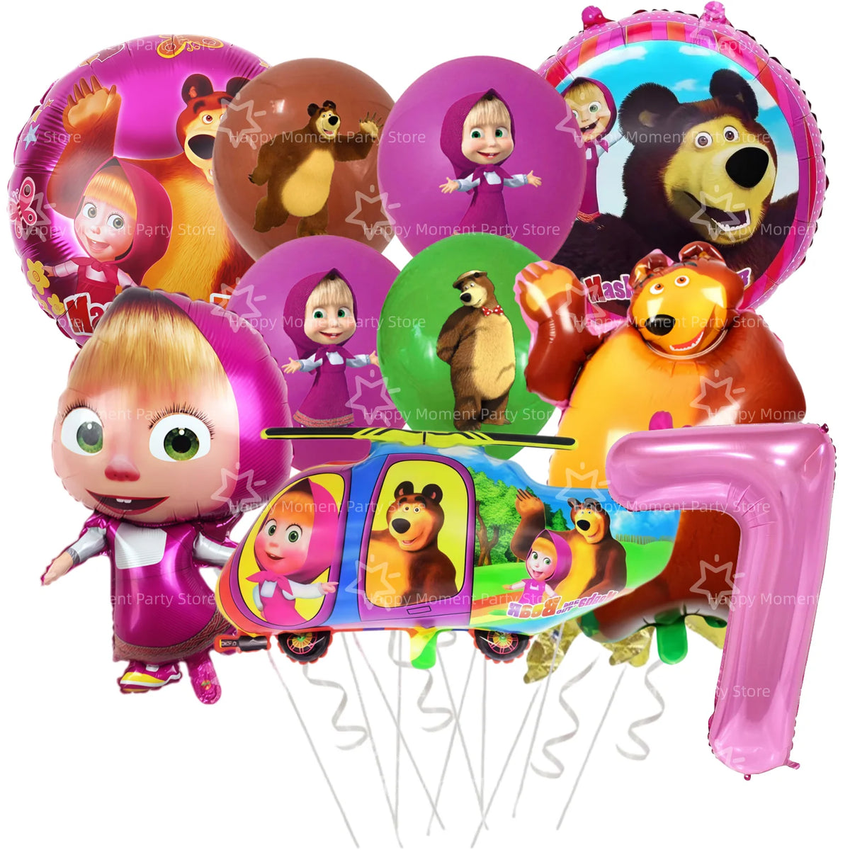 A set of inflatable party decorations featuring characters from Masha and Bear, including bears and girls.