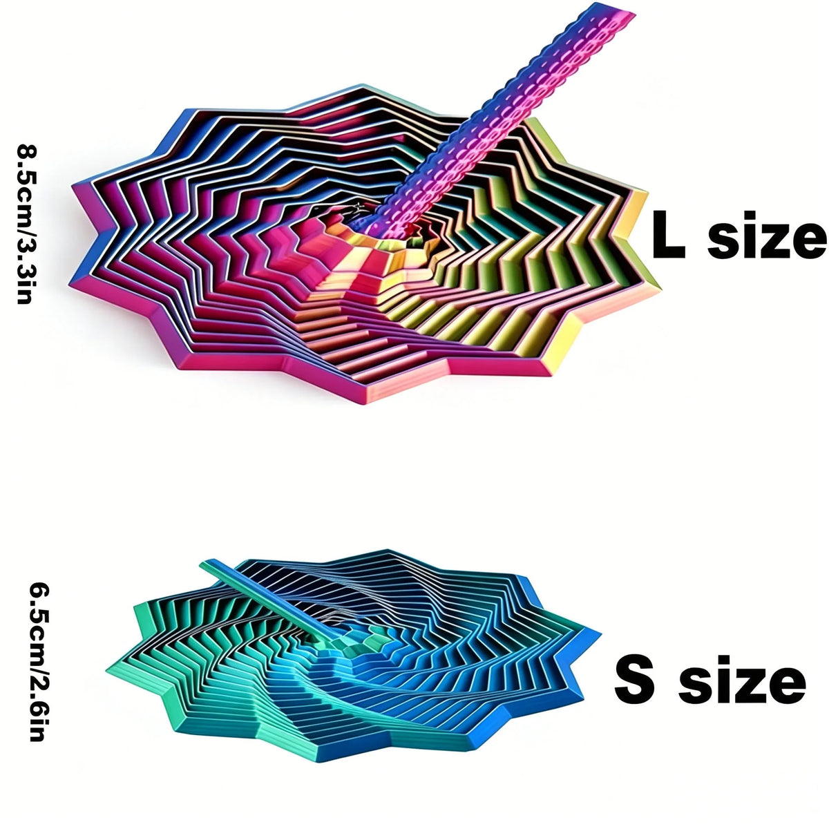 A comparison of L size and S size 3D-printed star fidget spinners showing different geometric patterns and dimensions.