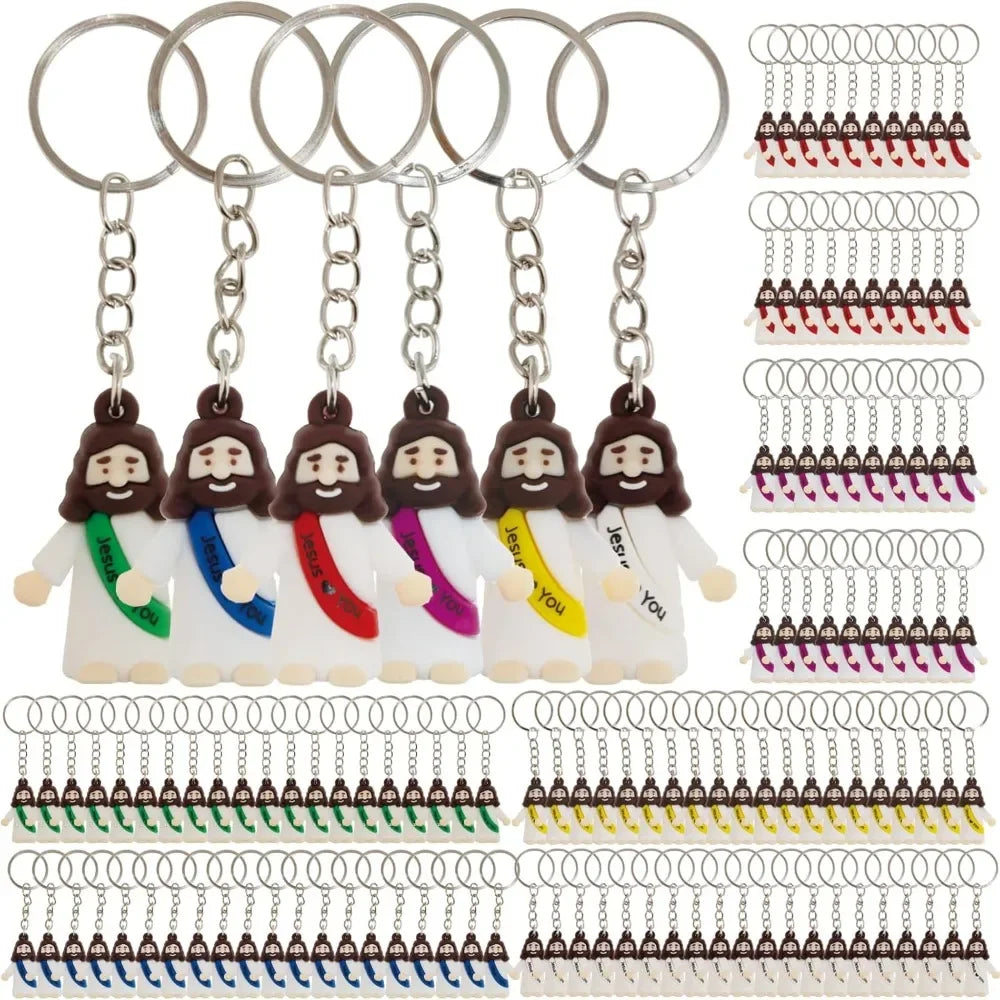 Set aus sechs Mini-Edelstahl-Anhängern mit Jesus Loves You-Designs und verschiedenen Kettenlängen.