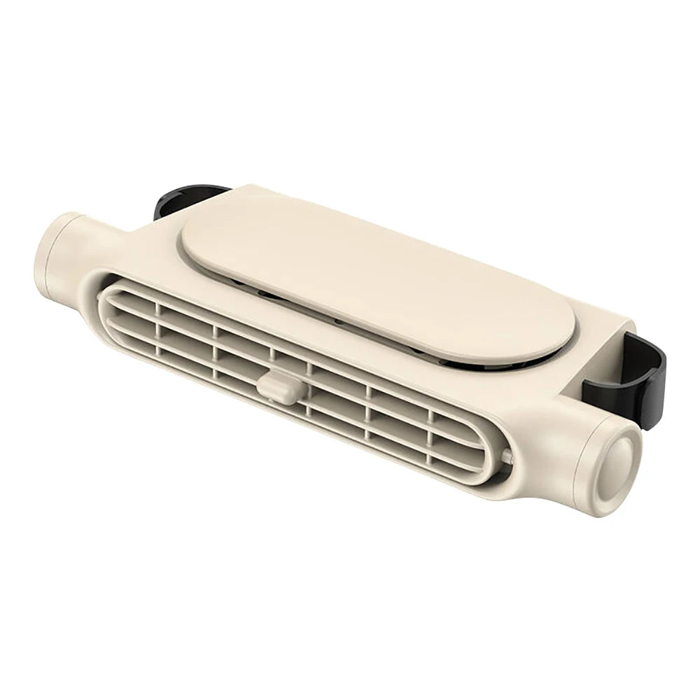 A beige car backseat cooling fan with a grille and control panel.