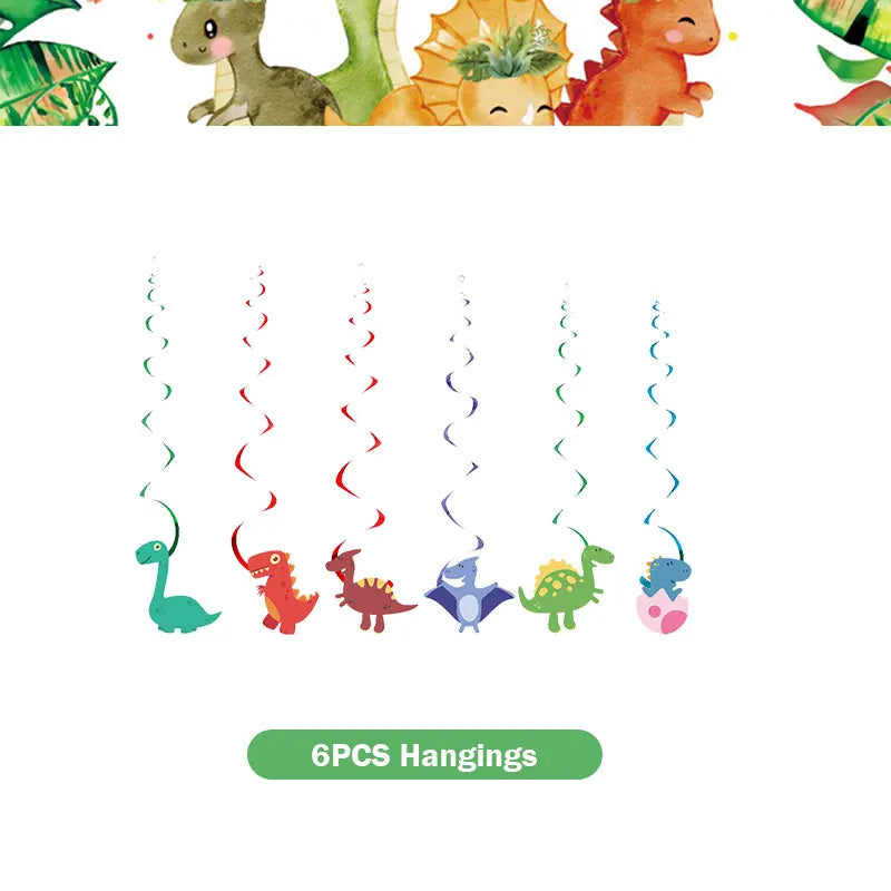 A set of six dinosaur-themed hangings featuring various colored dinosaurs.
