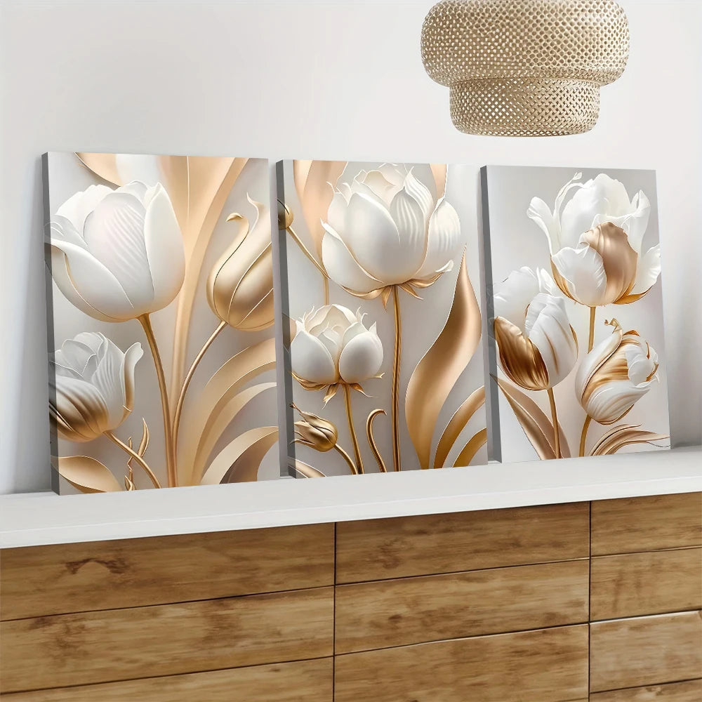 A set of three modern 3D floral canvas wall art pieces featuring white and gold tulips.