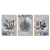 Three vertical canvas prints featuring Islamic calligraphy of Allah and Muhammad on marbled gray backgrounds with gold accent