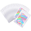 Un fan de sacs de stockage laser refermables et recyclables empilés en formation de ventilateur.