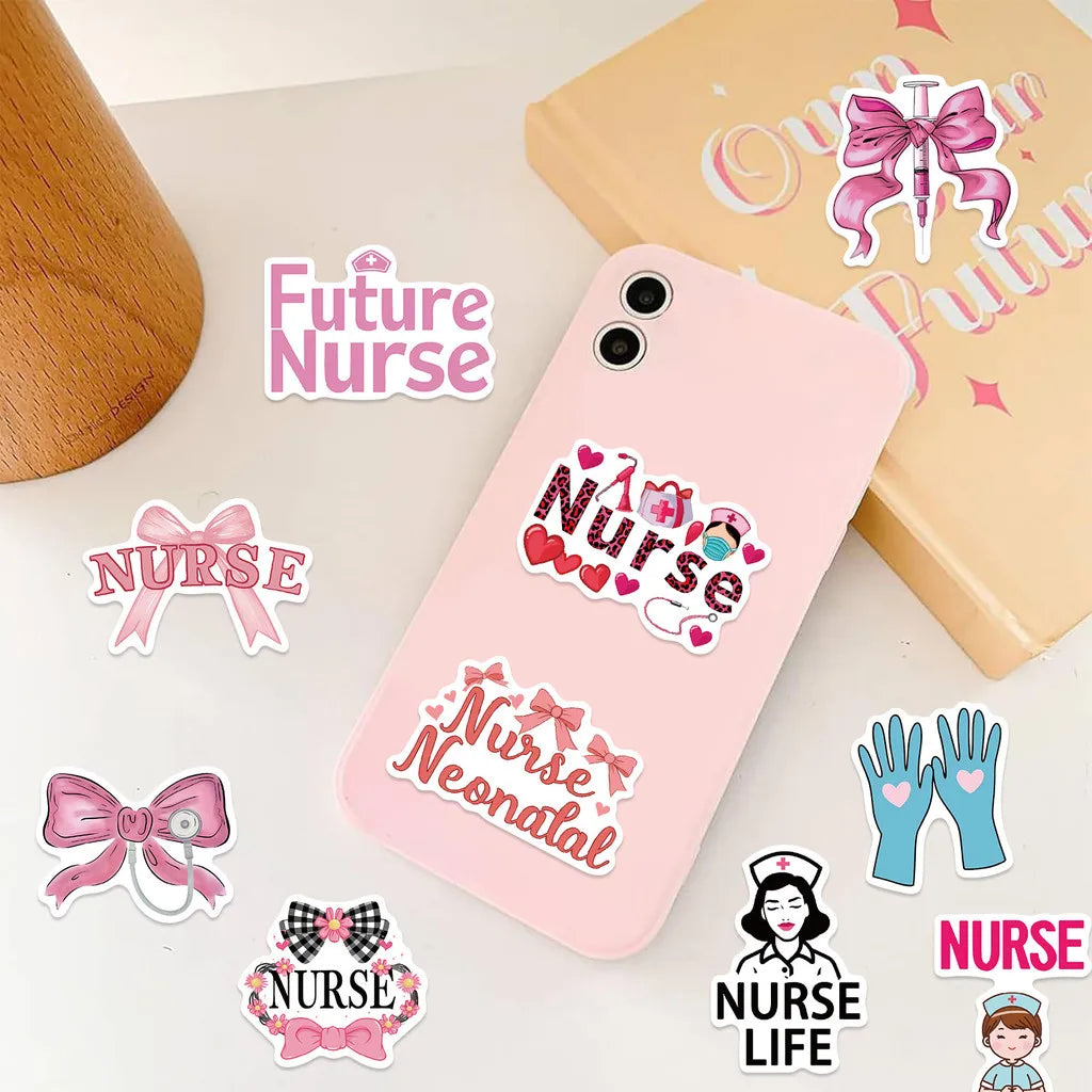 A collection of pink bow nurse stickers featuring the words Future Nurse, Nurse, Neonatal Nurse, and Nurse Life on a phone ca