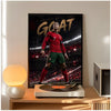 A poster featuring a male athlete with the text GOAT on a dark background displayed in a modern living room setting.