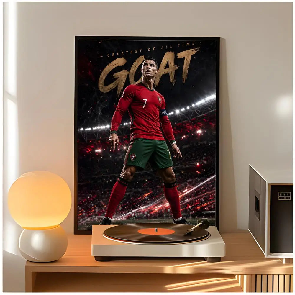 A poster featuring a male athlete with the text GOAT on a dark background displayed in a modern living room setting.