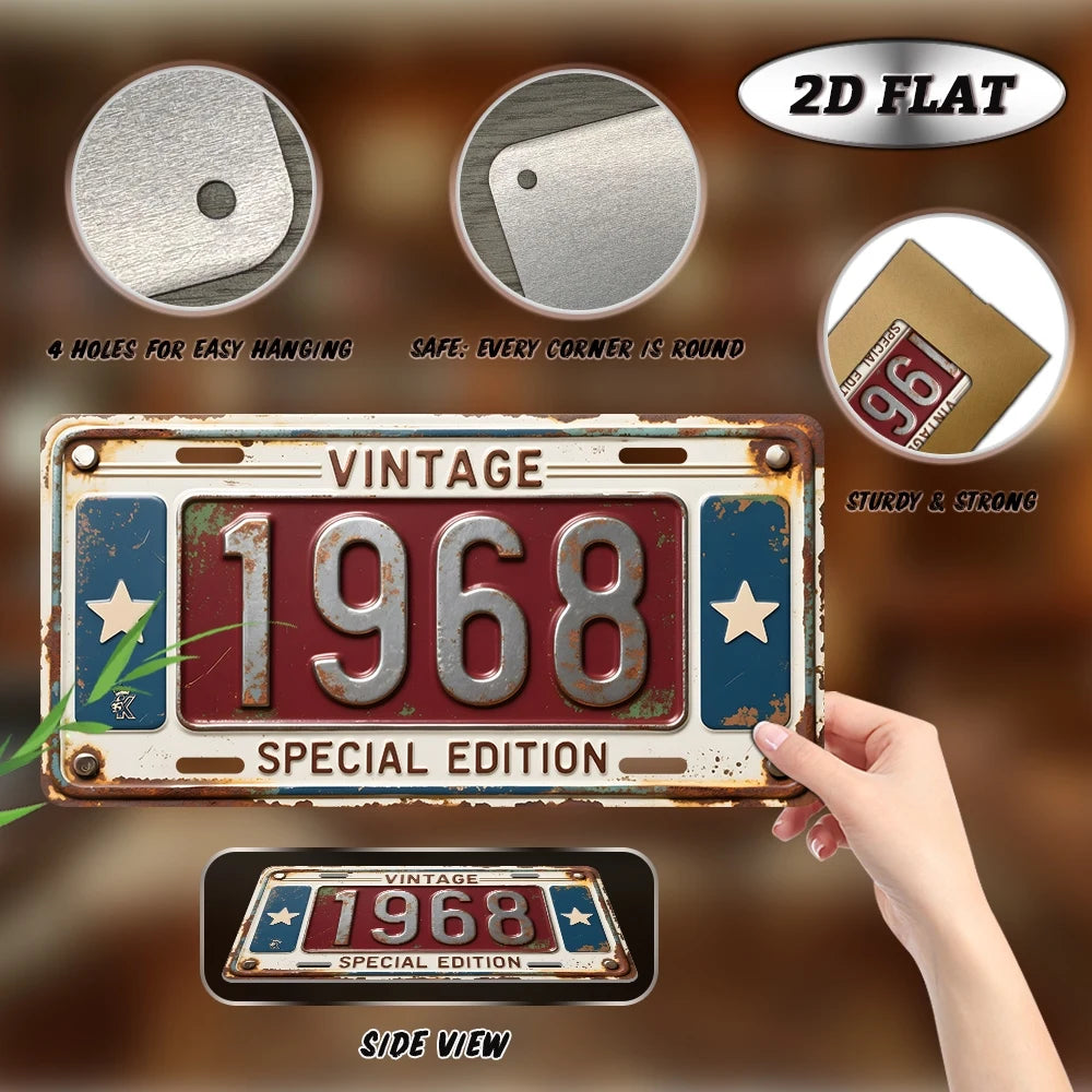 A vintage metal year wall plaque for 1968, shown in multiple views and with a hand.