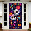 A door cover featuring a vibrant sugar skull and papel picado floral design in purple and orange hues.