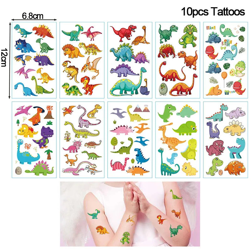 A set of 10 dinosaur tattoos displayed on a white background, with a person's arm showing the tattoos.