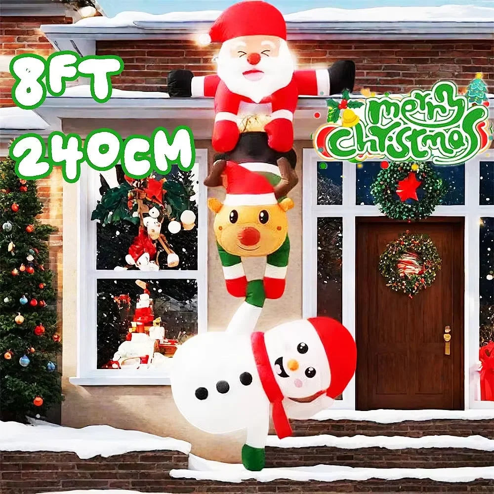 An inflatable decoration featuring a stacked Santa, reindeer, and snowman figure hanging on a brick facade.