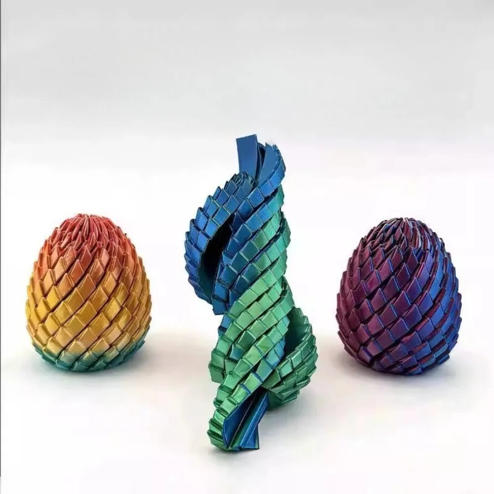 A vibrant, iridescent dragon egg fidget toy with scales in shades of blue, teal, and purple.