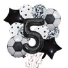 A set of black and white patterned football shaped helium foil balloons, including the number five.