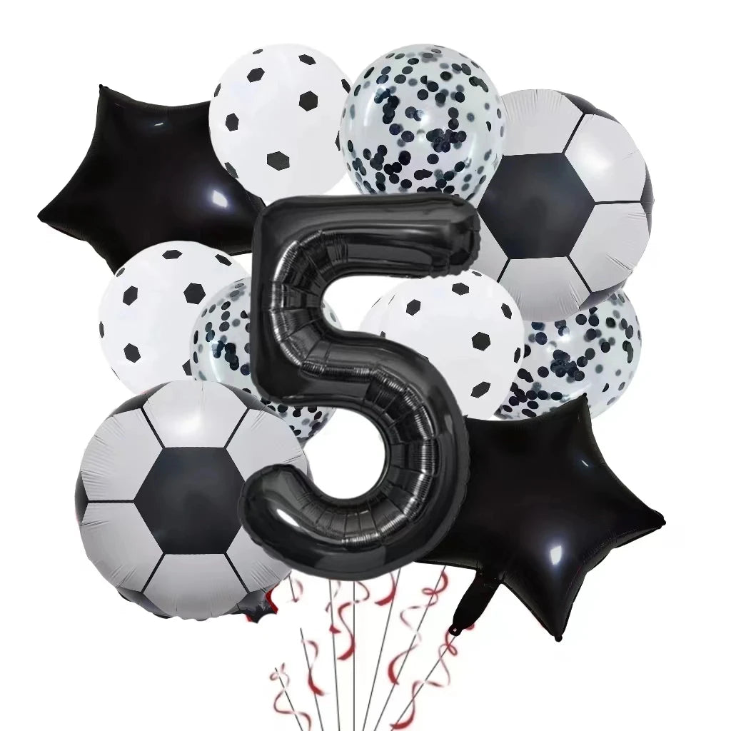A set of black and white patterned football shaped helium foil balloons, including the number five.