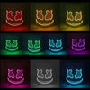 A set of glow neon LED party masks featuring various smiling face designs and flashing light modes.