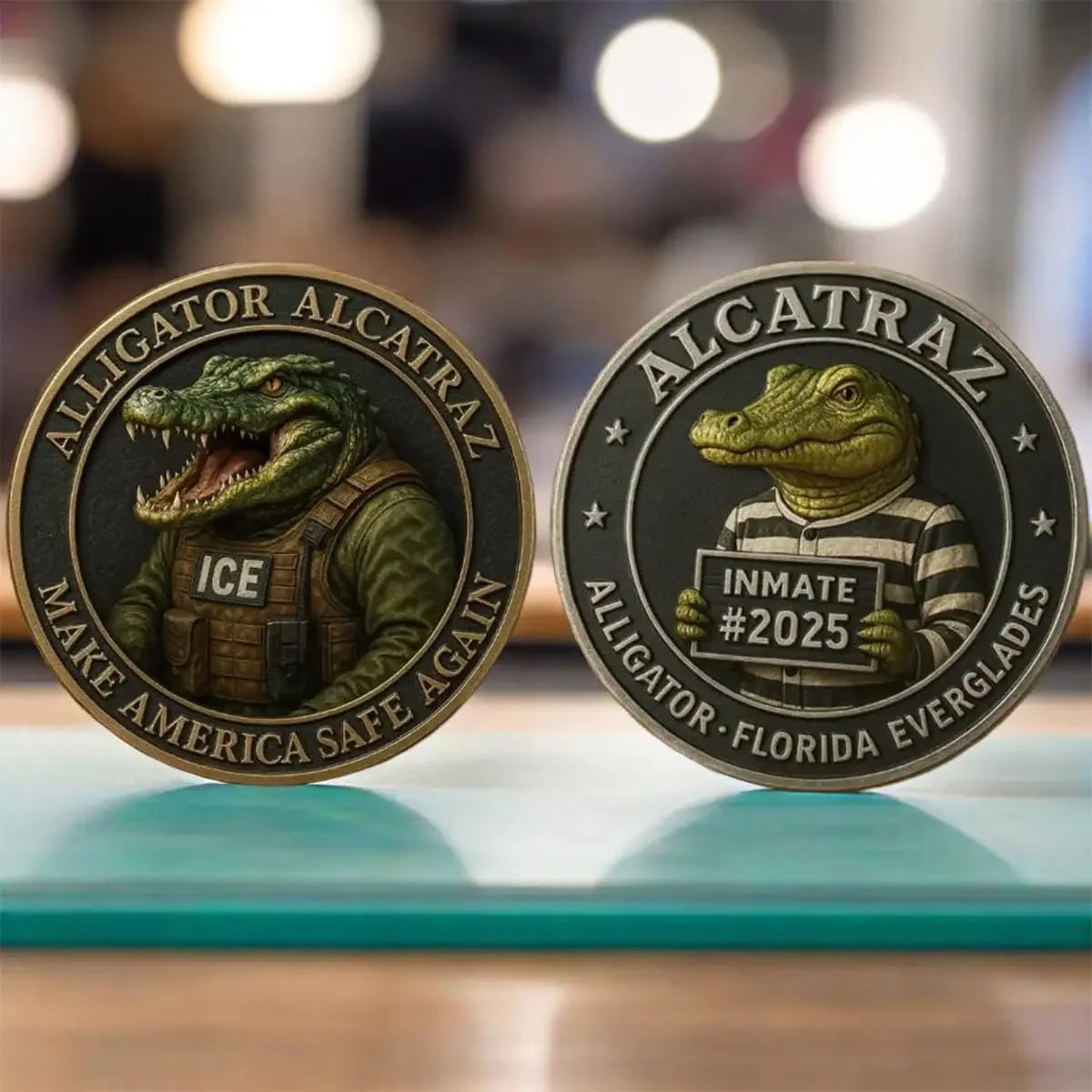 A round collectible coin featuring an alligator head and the text Allatraz and Alcatraz on a dark background.