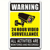 A yellow and black warning sign for 24-hour video surveillance, featuring an image of a security camera.