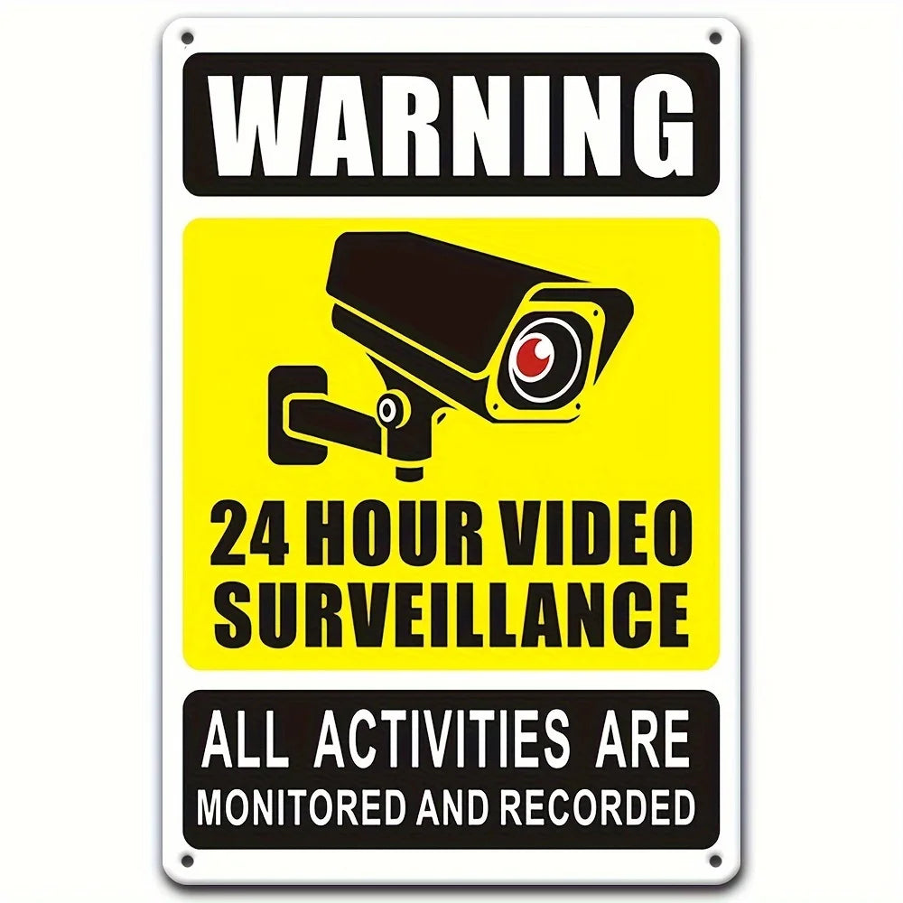 A yellow and black warning sign for 24-hour video surveillance, featuring an image of a security camera.