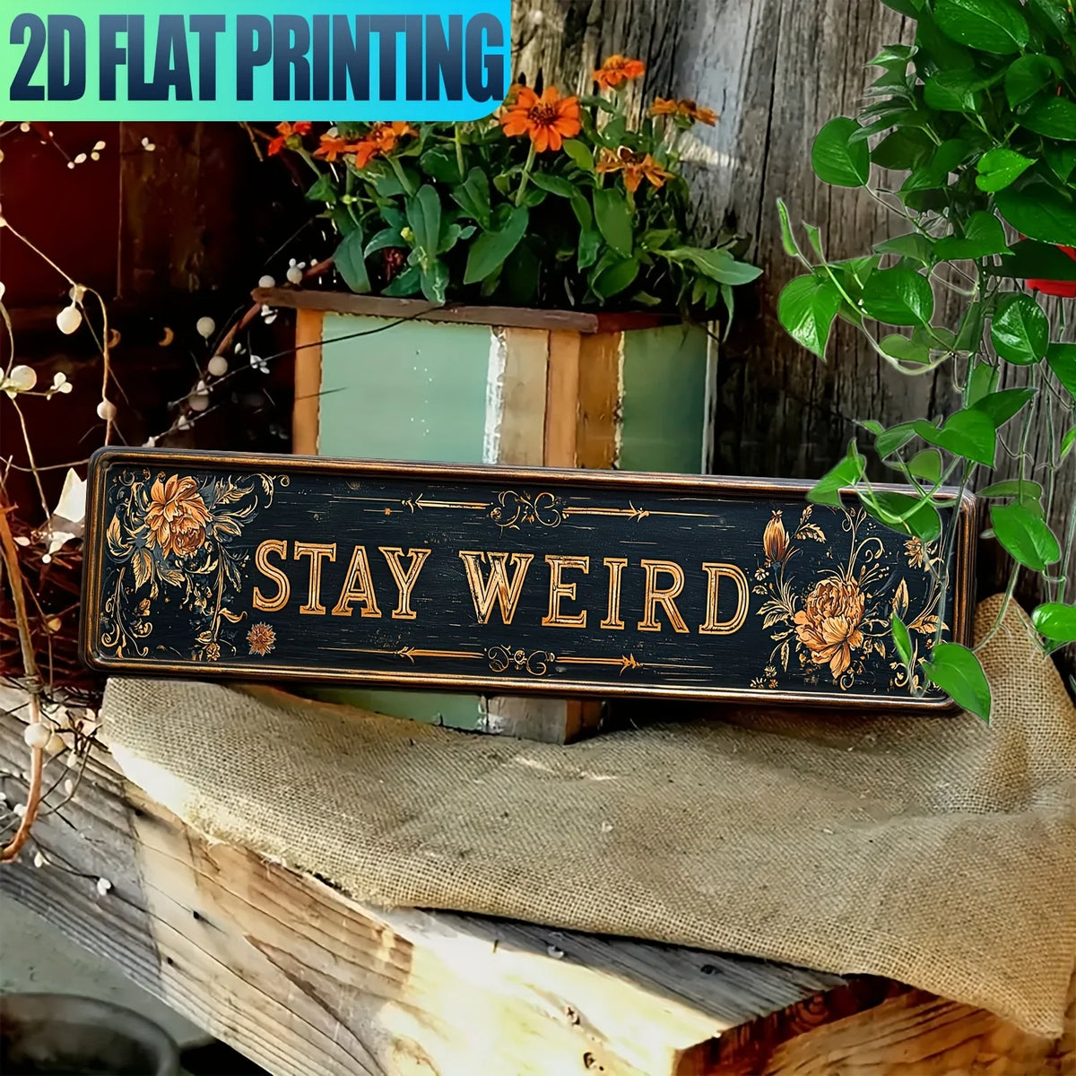 A wooden sign with gold lettering and floral accents is displayed on a rustic wooden surface.