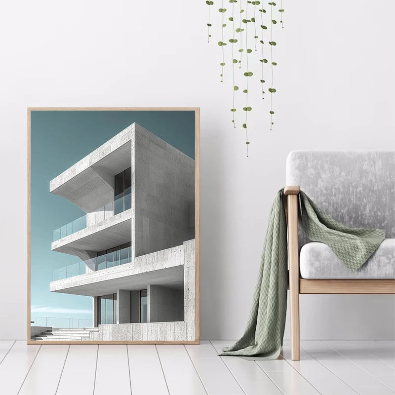 Abstract minimalist architecture canvas wall art featuring a modern concrete building design.
