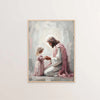 A painting depicting Jesus Christ with a halo and a child, rendered in soft pinks and whites.