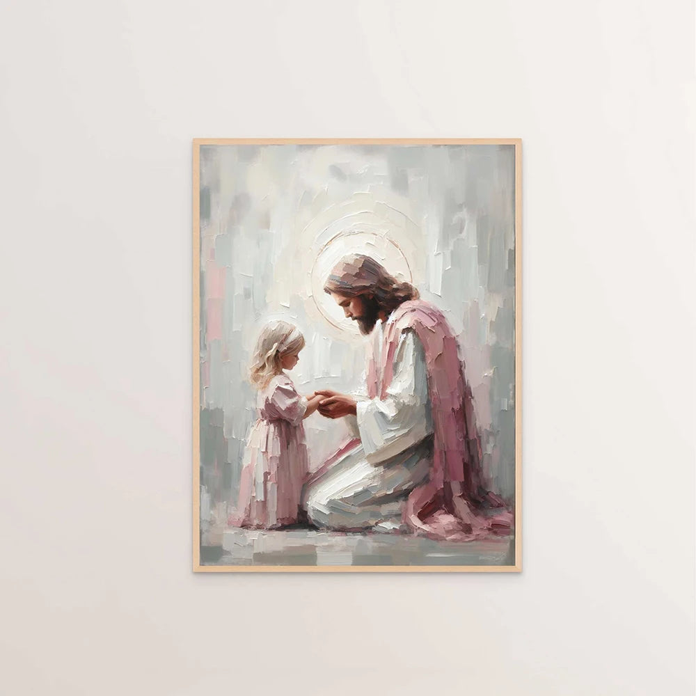 A painting depicting Jesus Christ with a halo and a child, rendered in soft pinks and whites.