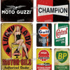 A collage of vintage metal garage signs featuring brands like Moto Guzzi, Champion, Lucky Lady Motor Oils, and Castrol Motor 