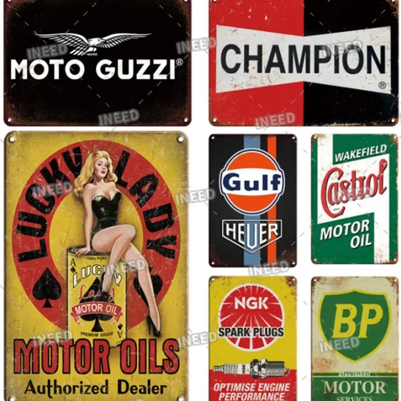 A collage of vintage metal garage signs featuring brands like Moto Guzzi, Champion, Lucky Lady Motor Oils, and Castrol Motor 