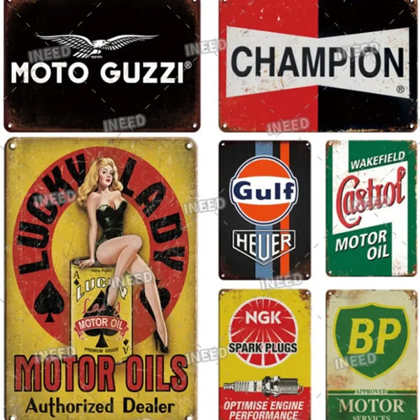 A collage of vintage metal garage signs featuring brands like Moto Guzzi, Champion, Lucky Lady Motor Oils, and Castrol Motor 