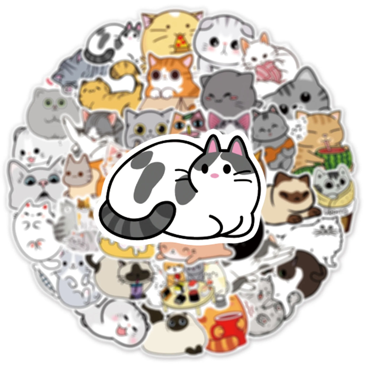 A circular arrangement of various funny cartoon cat meme stickers featuring different cats and expressions.