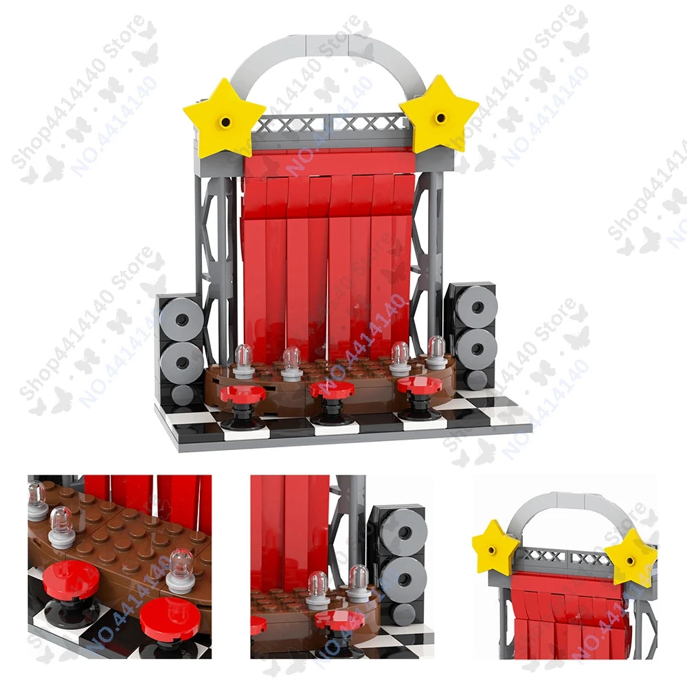 A collectible DIY model of a Five Nights at Freddy's building set featuring red and gray structures with yellow star accents.