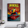 Animated wall art poster featuring the character Invincible in a dynamic pose against an orange and dark background.
