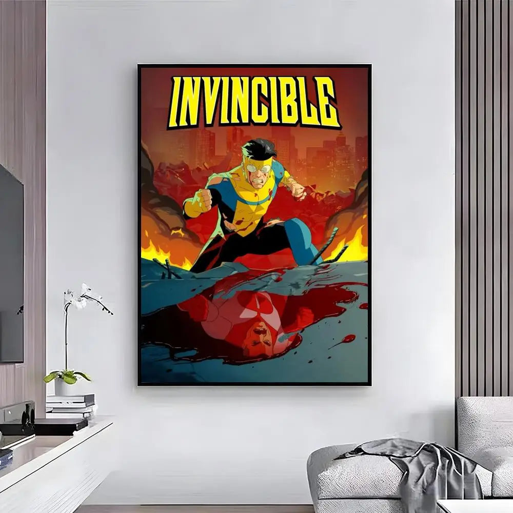 Animated wall art poster featuring the character Invincible in a dynamic pose against an orange and dark background.