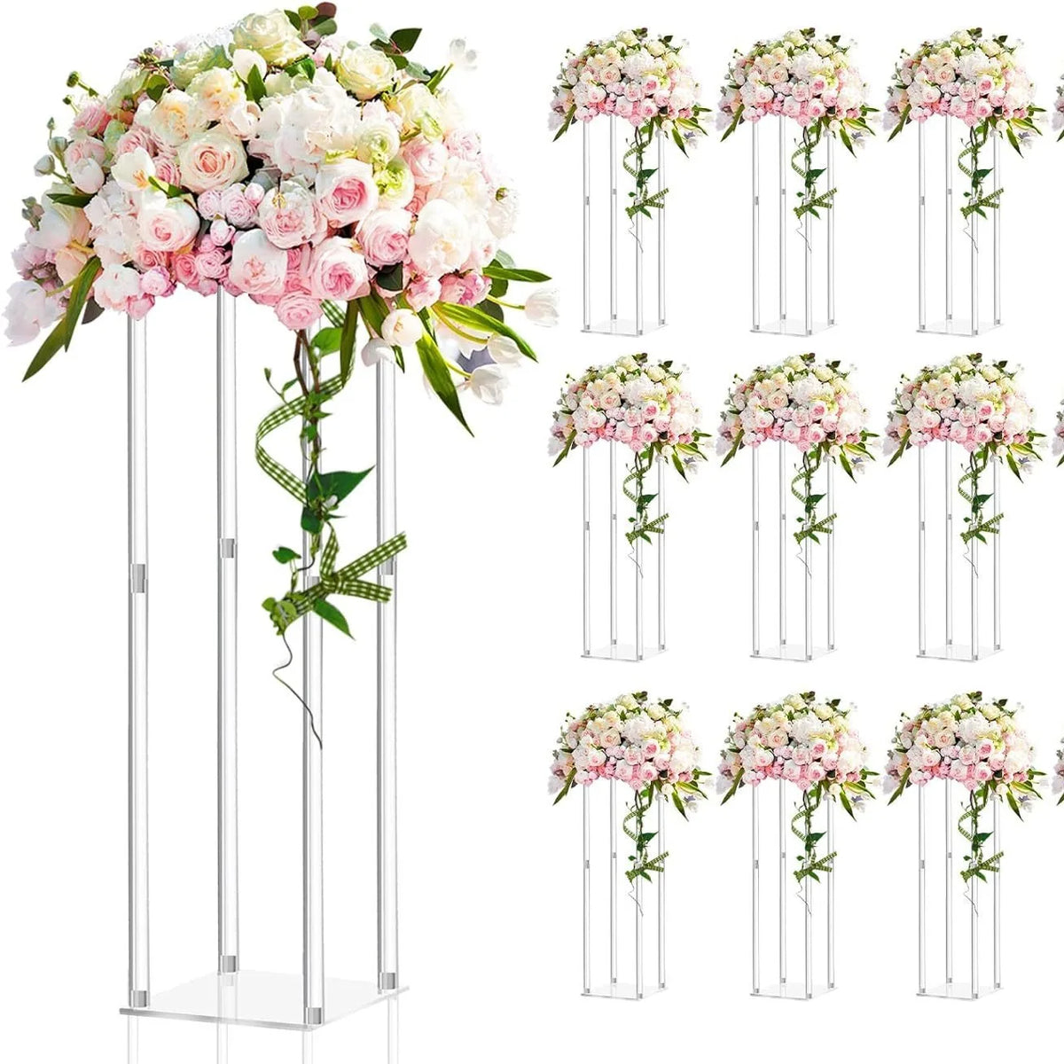 Vases centraux en acrylique élégants avec des arrangements floraux roses et blancs pour la décoration de fête