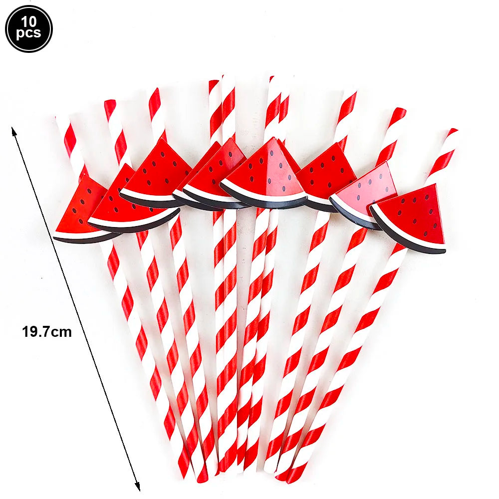 Pailles en papier rayées rouge et blanche avec des découpes en forme de pastèque