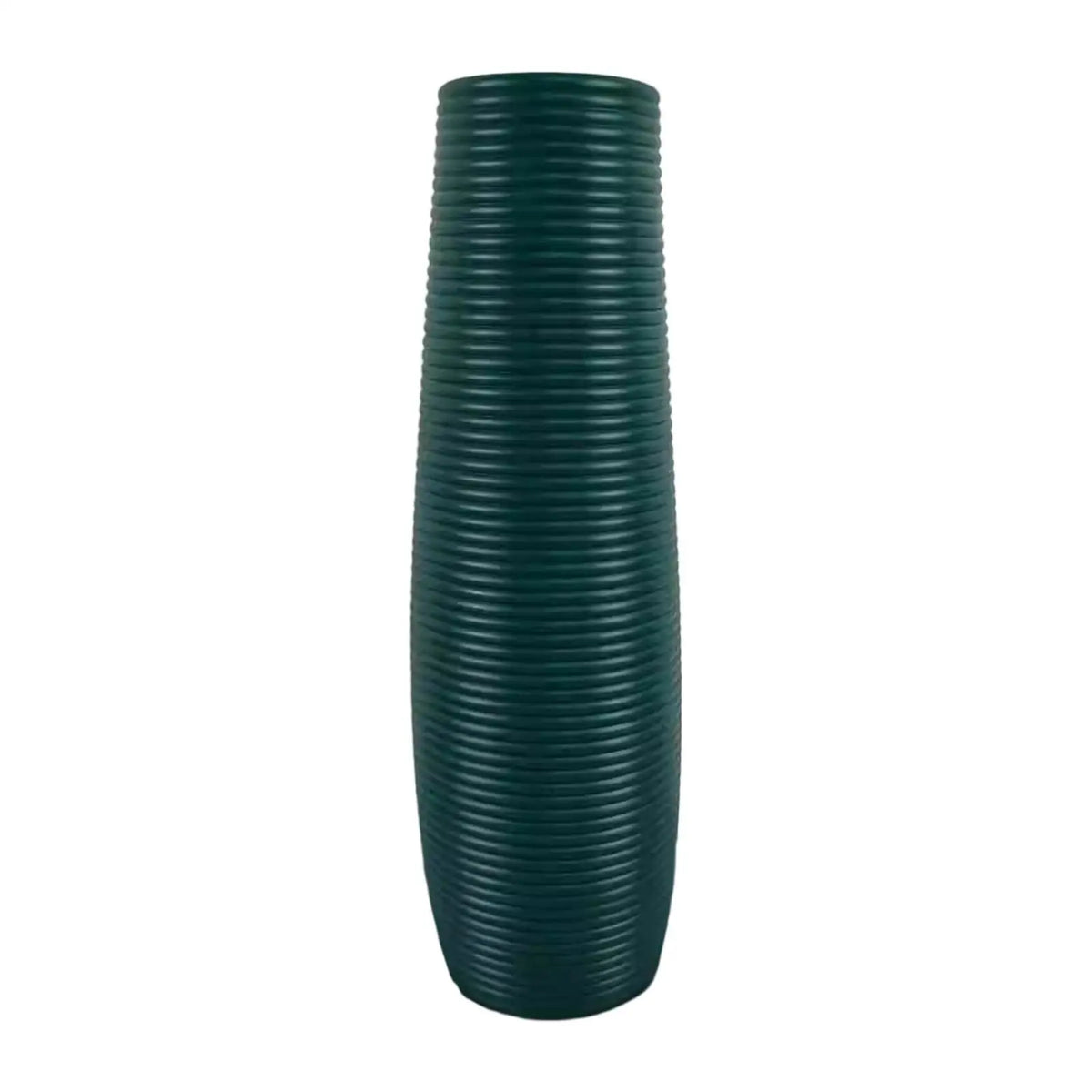 A tall, dark green, ribbed floor vase.