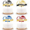 A set of black and gold glitter graduation cake toppers featuring text and a graduation cap design.