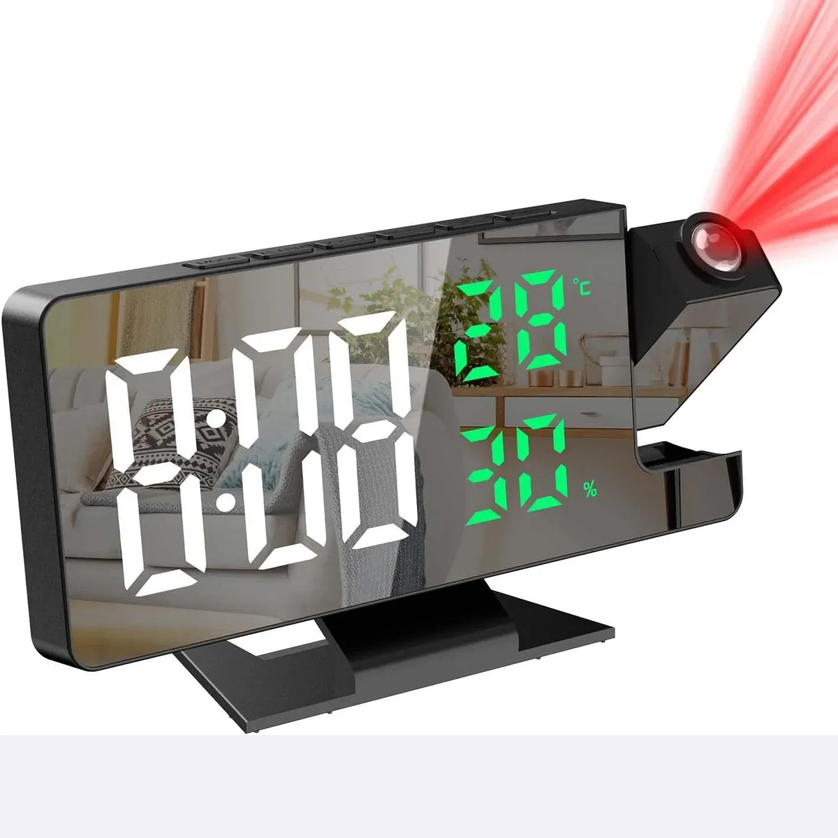 A black LED digital projection alarm clock displaying time, temperature, and battery percentage.