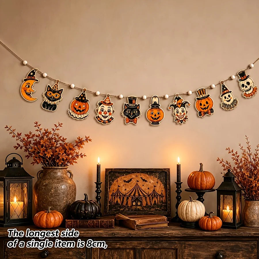 Vintage wooden Halloween flag set featuring pumpkins, ghosts, and moons displayed on a wall.