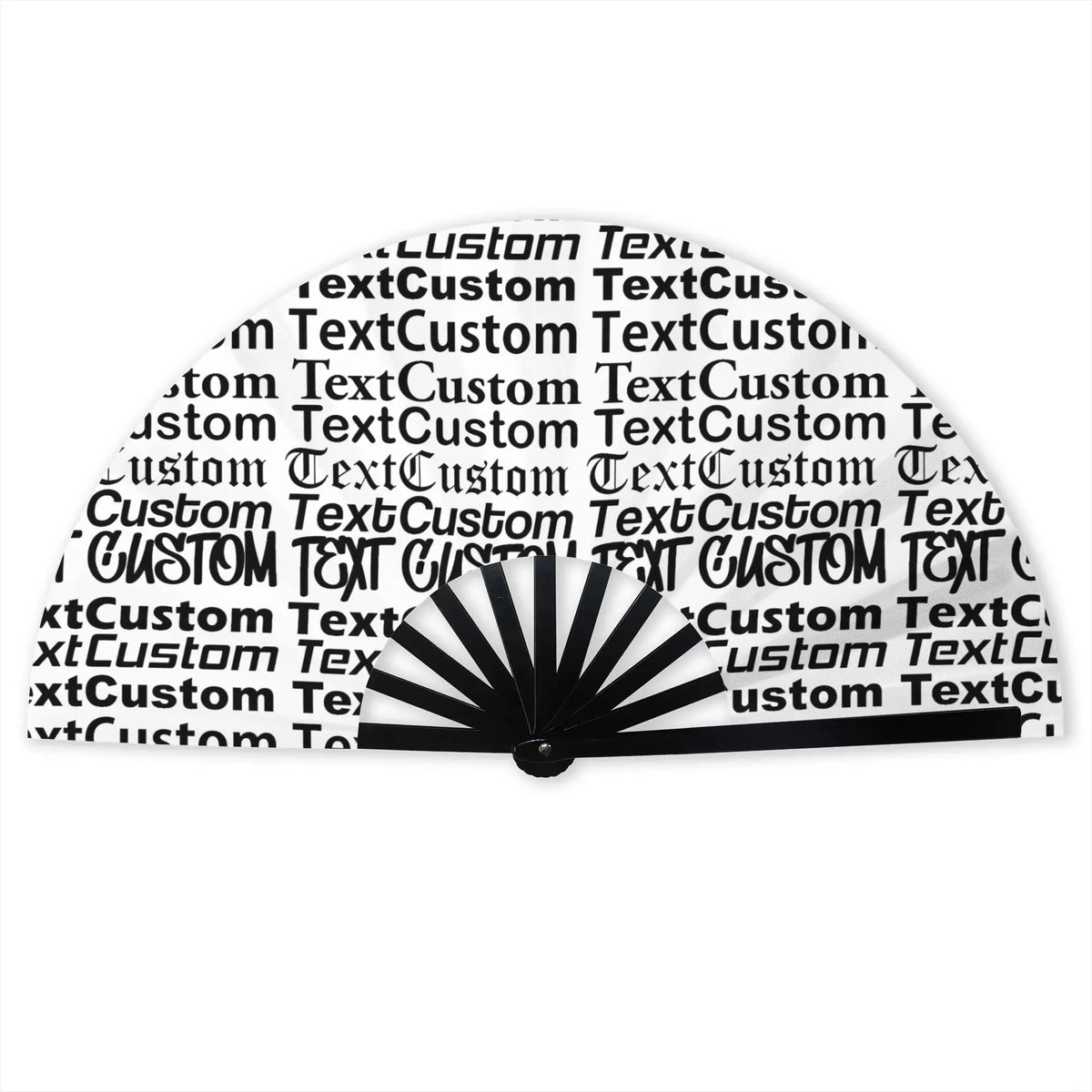 A black folding hand fan with a sunburst design showing customizable text patterns.