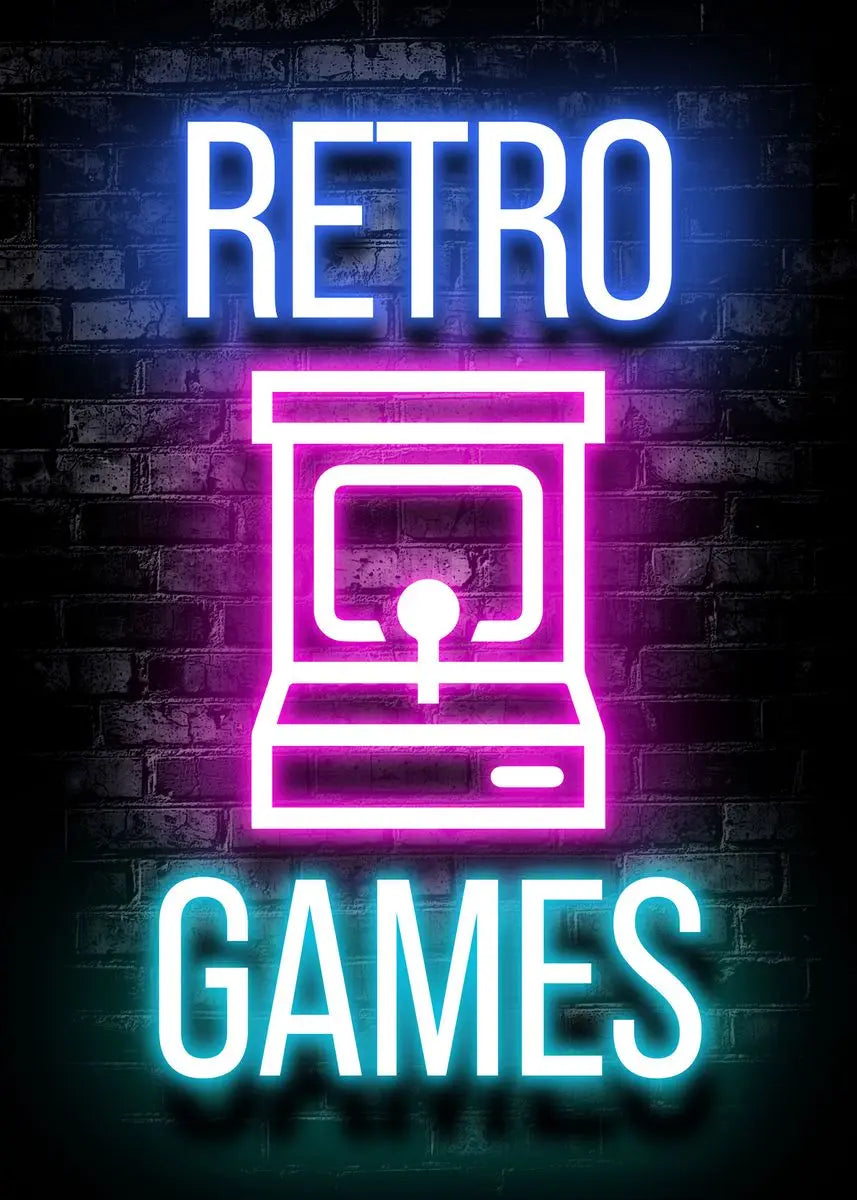 Neon sign art featuring the words RETRO GAMES displayed on a brick wall background.