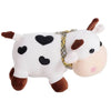 A white plush figurine of a cow with brown accents and a yellow striped ribbon.