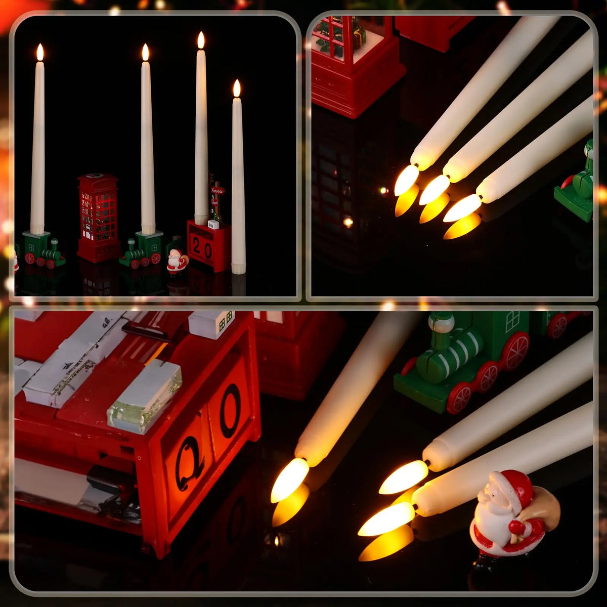A set of six white flameless taper candles with a remote and timer displayed in various festive contexts.